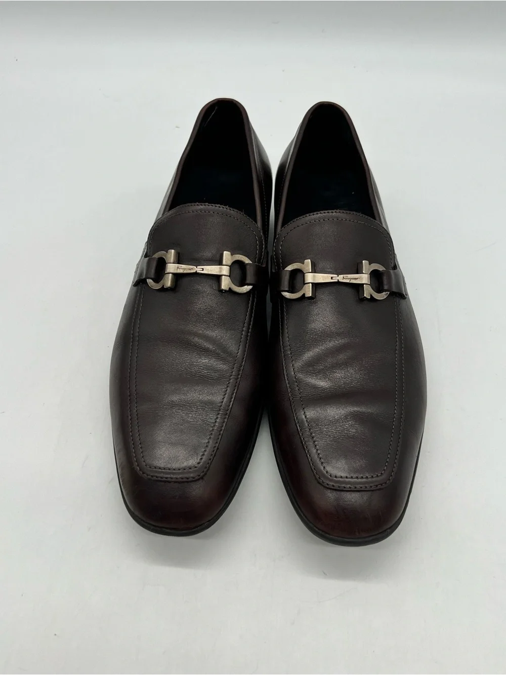 Salvatore Ferragamo Dark Brown Leather Men's Sz 9D Silver Gancini Bit Loafers